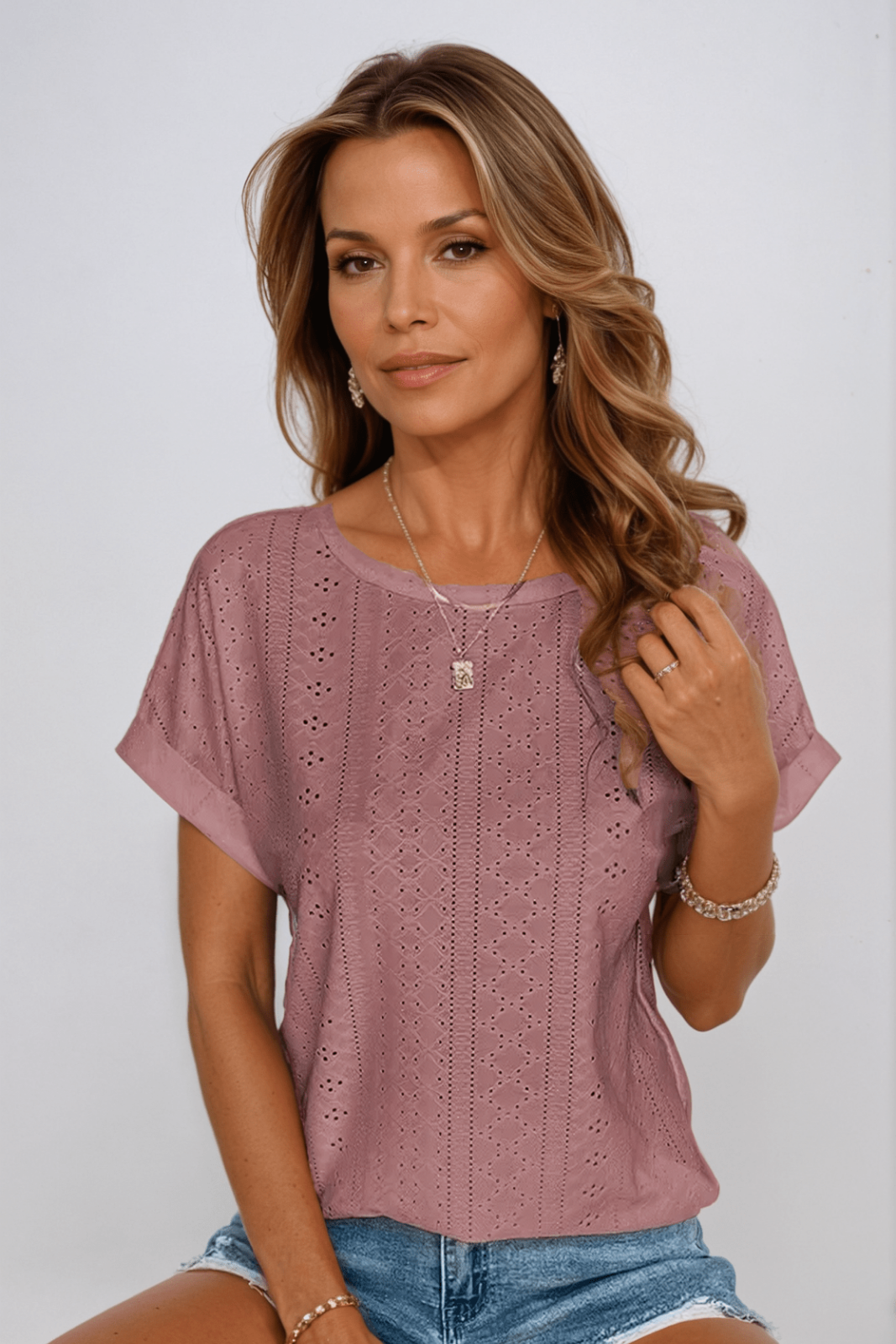 Ruby – Eyelet Short Sleeve Round Neck Blouse - Image 3