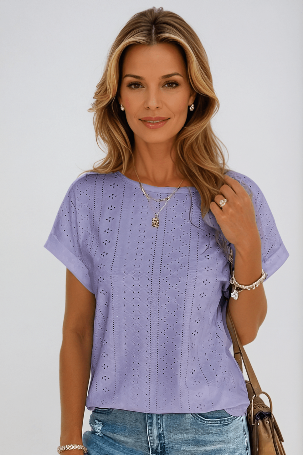 Ruby – Eyelet Short Sleeve Round Neck Blouse - Image 4