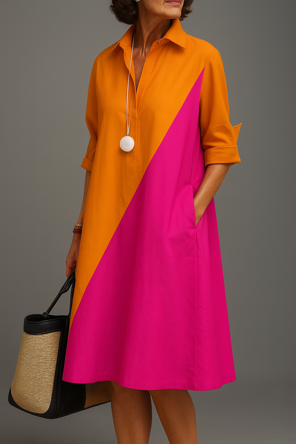 Ella – Diagonal Colorblock Collared Dress - Image 1