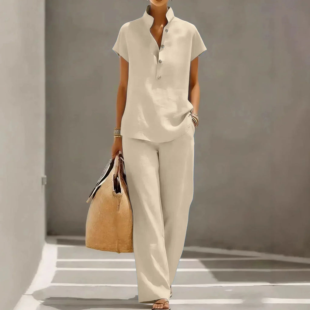 Shirt and Pants Set Women's Soft Look with Button Details - Image 5