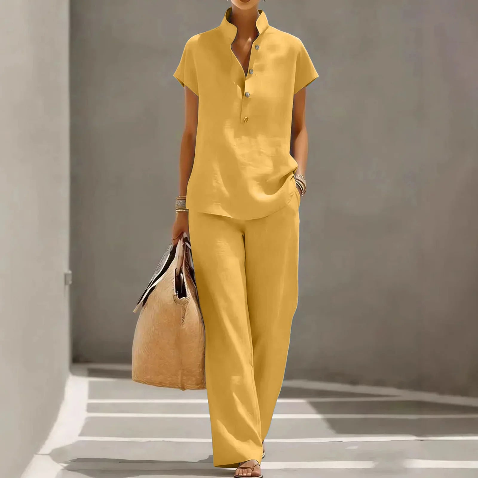 Shirt and Pants Set Women's Soft Look with Button Details - Image 3