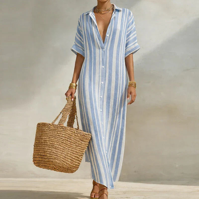 Maxi Dress Women Striped Button-Up with Short Sleeves - Image 4