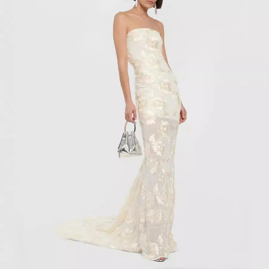 Laura – Strapless Floral Lace Dress - Image 1
