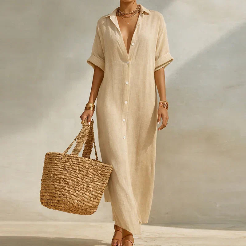 Maxi Dress Women Striped Button-Up with Short Sleeves - Image 5