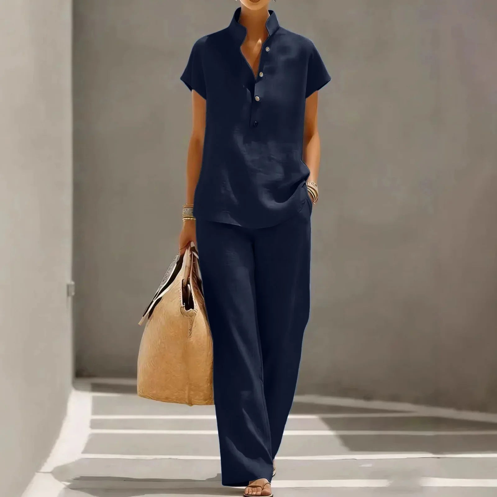 Shirt and Pants Set Women's Soft Look with Button Details - Image 2