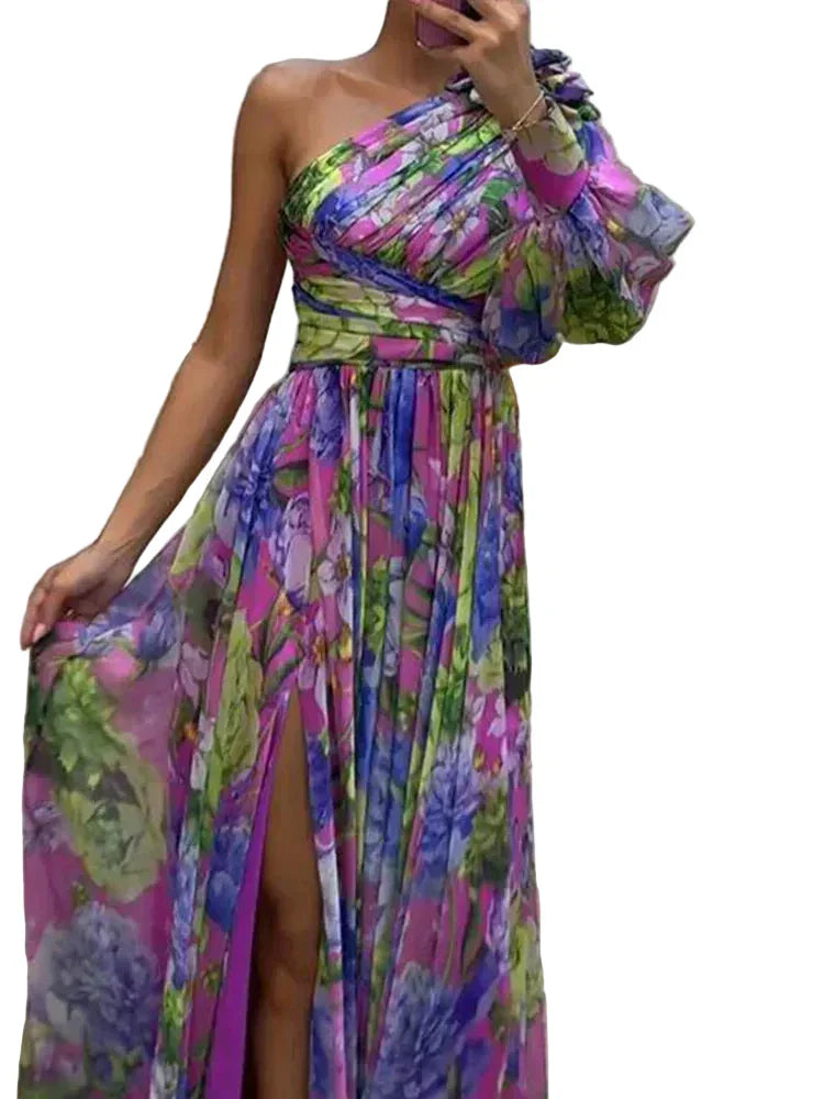 Lea –  Side Print Slit One Sleeve Dress - Image 1