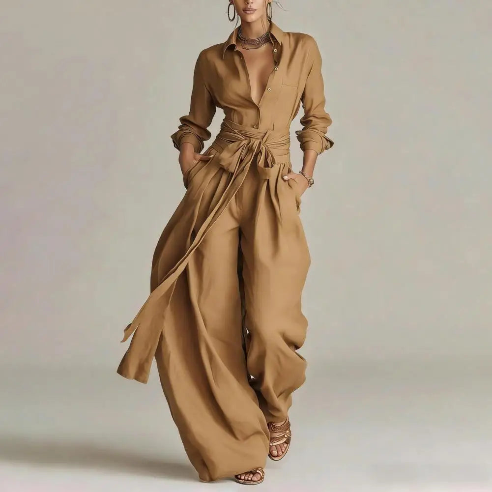 Shirt and Wide Leg Trousers Set Women's Soft Linen Look - Image 2