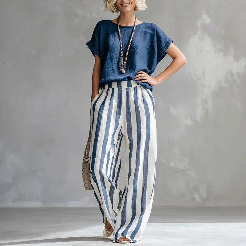 Top and Striped Trousers Set Women's Soft Linen-Look Fabric for Effortless Style - Image 7