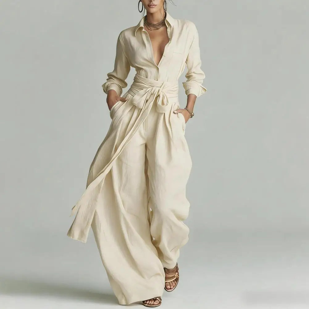 Shirt and Wide Leg Trousers Set Women's Soft Linen Look - Image 1