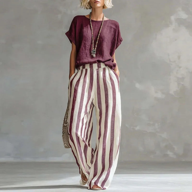 Top and Striped Trousers Set Women's Soft Linen-Look Fabric for Effortless Style - Image 5
