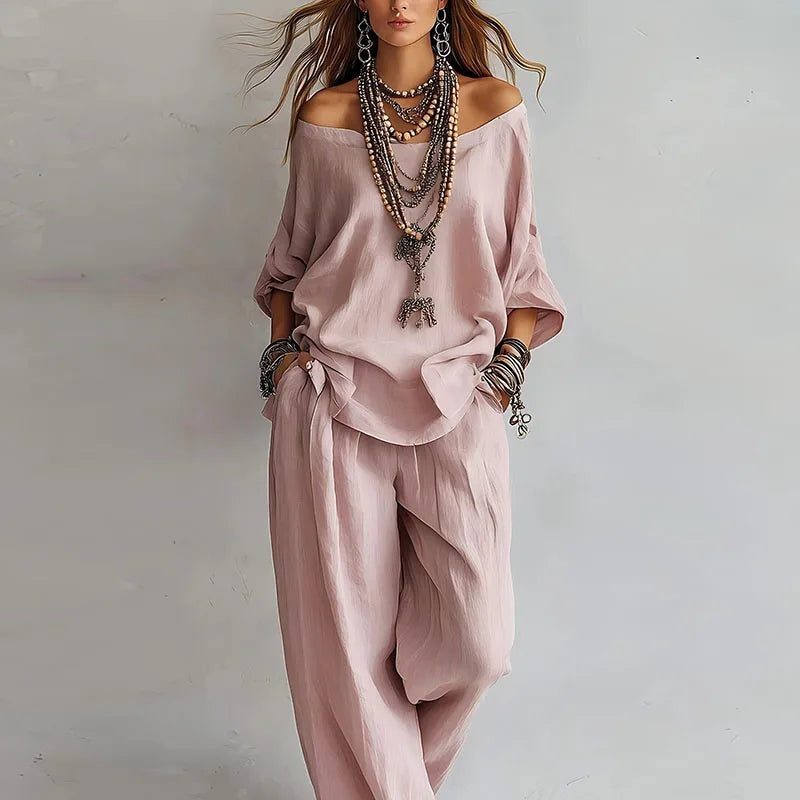 Top and Pants Set Women's Soft Fabric Relaxed Fit - Image 1