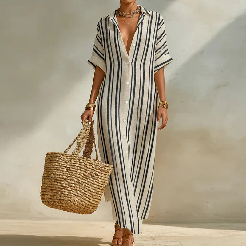 Maxi Dress Women Striped Button-Up with Short Sleeves - Image 1