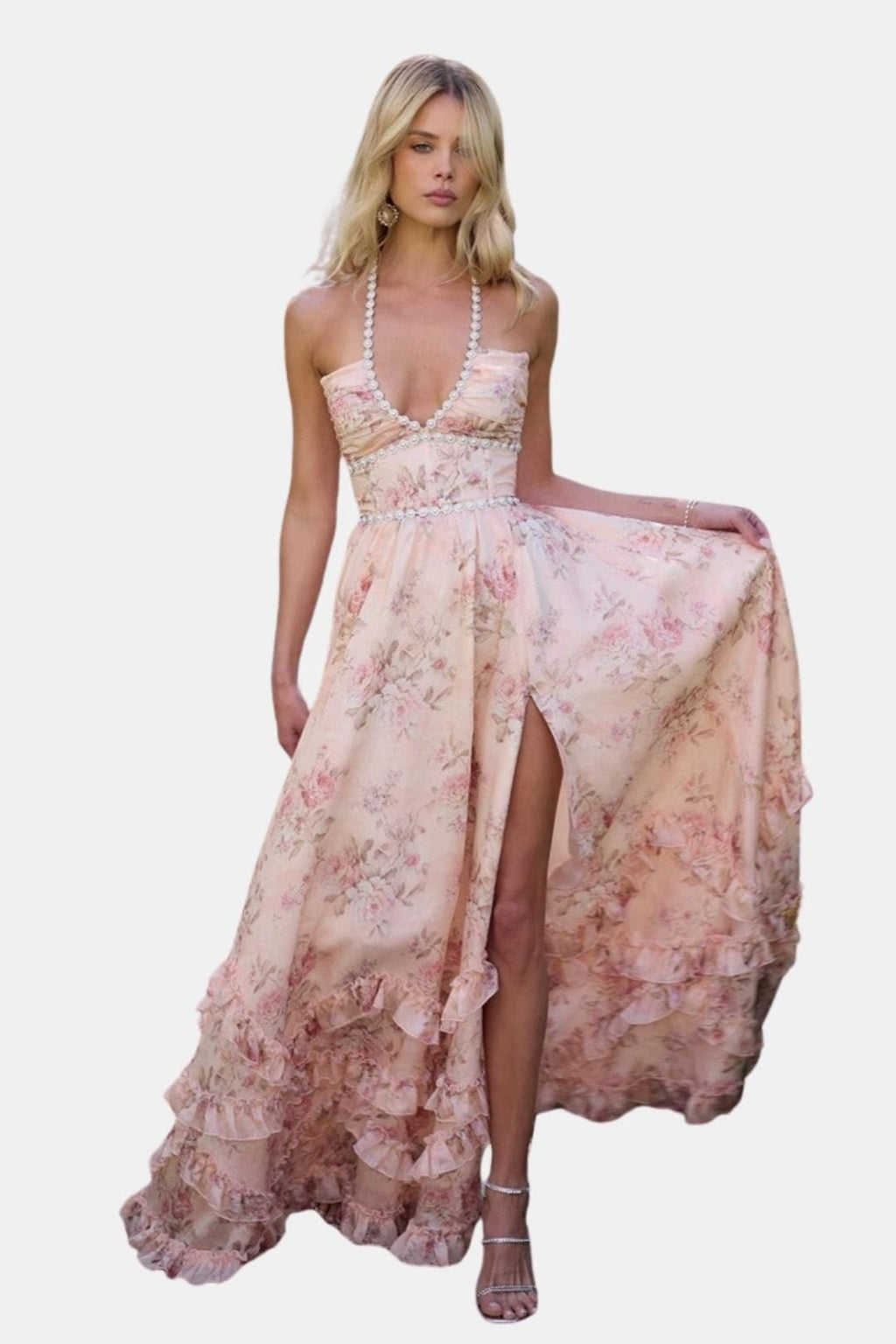 Ingrid – Floral Halter Wedding Guest Dress - Image 1