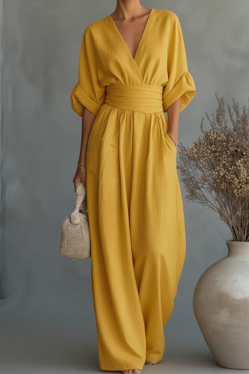 Two-Piece Outfit Women's Elegant V-Neck Wide-Leg Jumpsuit - Image 2