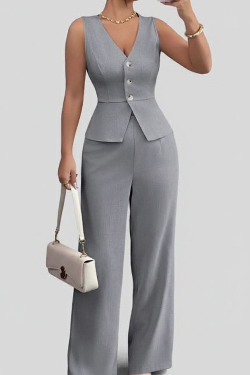 Two-Piece Set Women's Tailored Jumpsuit with Button Detail - Image 5