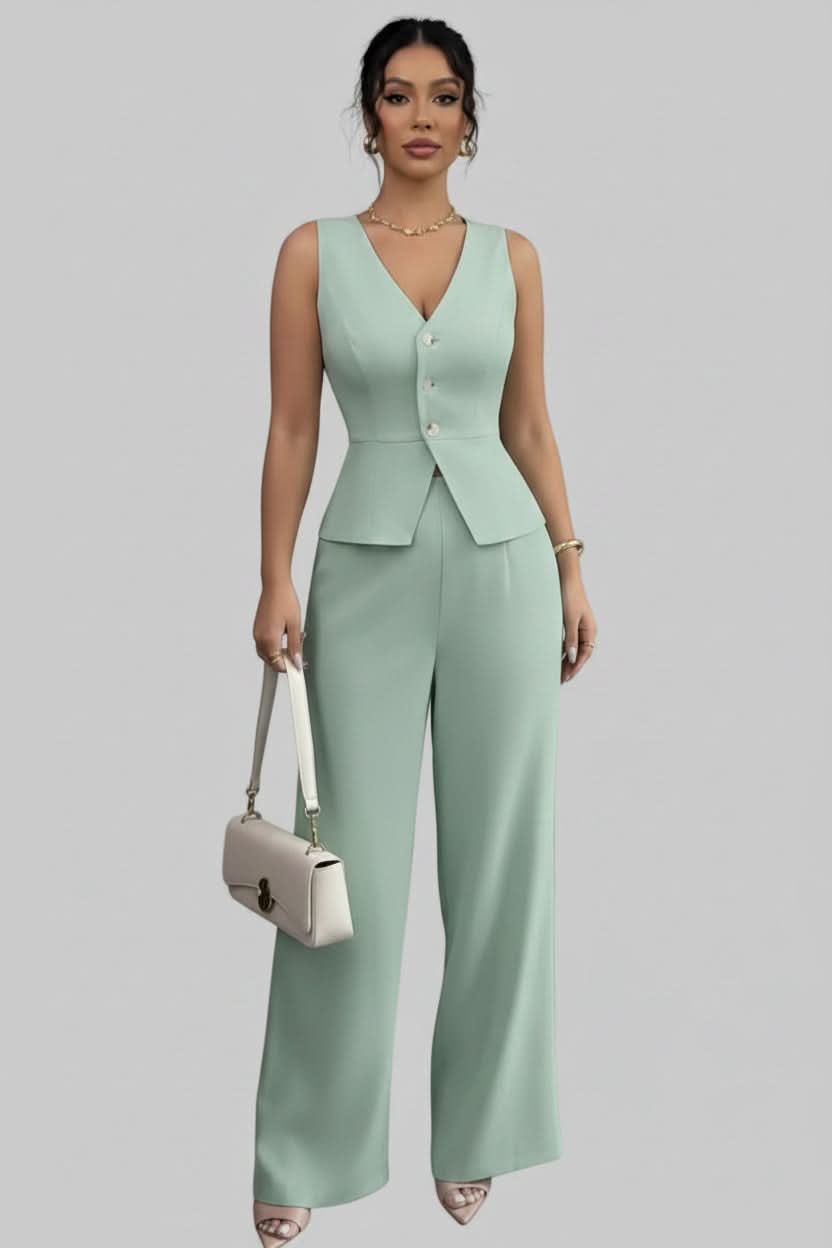 Two-Piece Set Women's Tailored Jumpsuit with Button Detail - Image 1