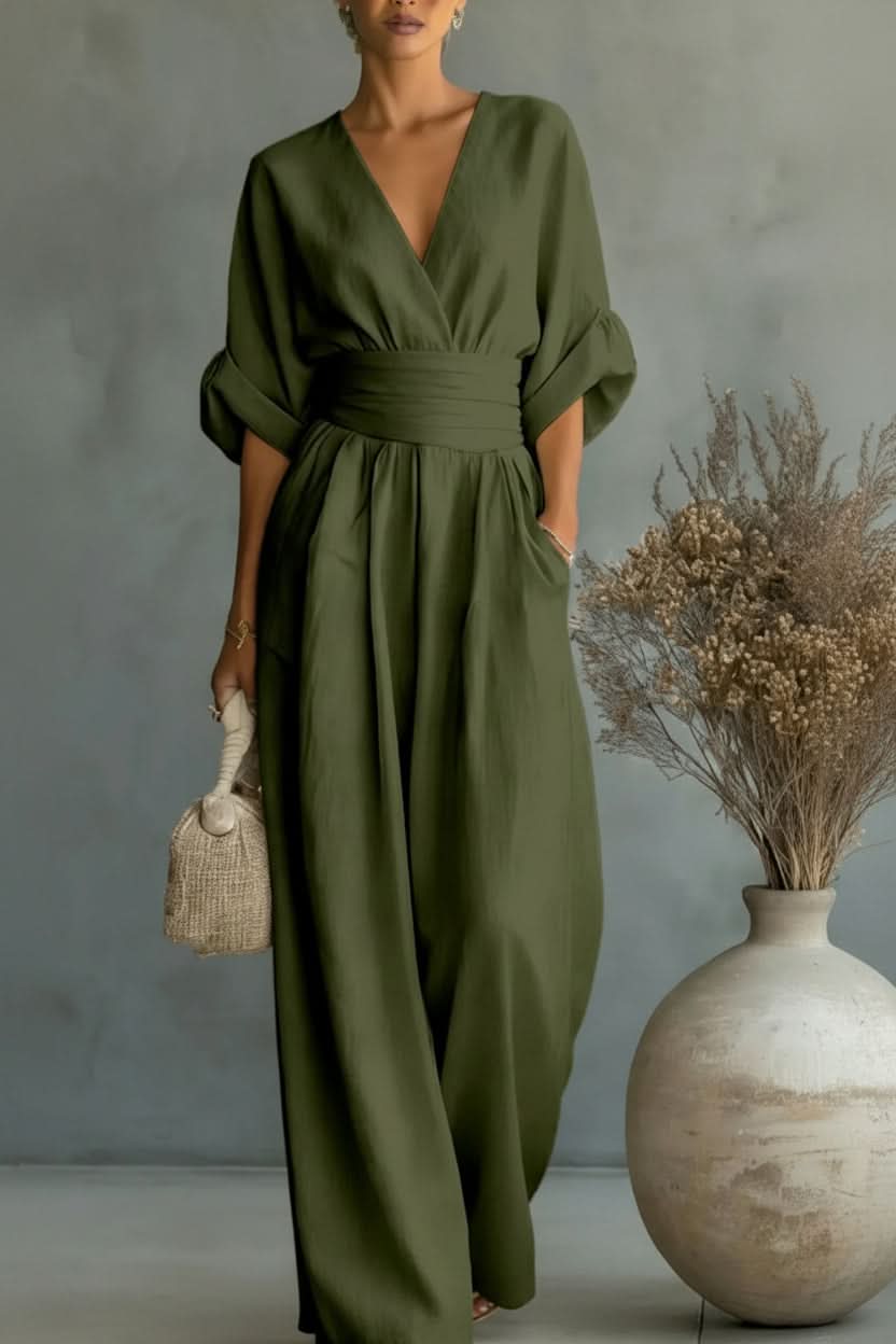 Two-Piece Outfit Women's Elegant V-Neck Wide-Leg Jumpsuit - Image 3