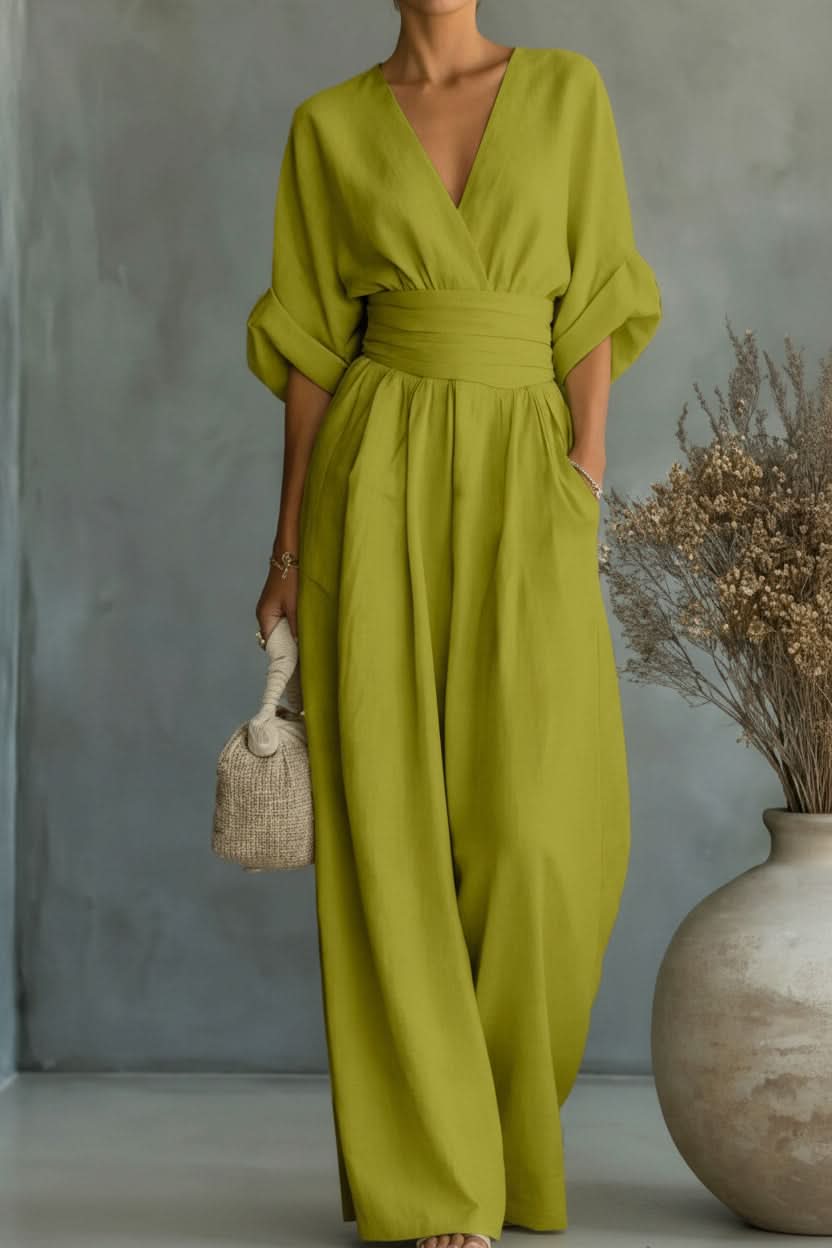 Two-Piece Outfit Women's Elegant V-Neck Wide-Leg Jumpsuit - Image 4