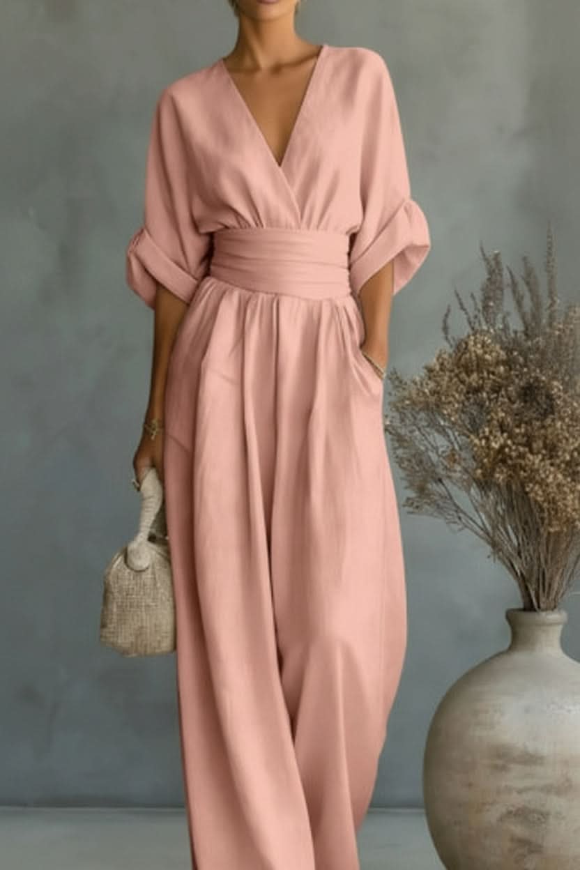Two-Piece Outfit Women's Elegant V-Neck Wide-Leg Jumpsuit - Image 5