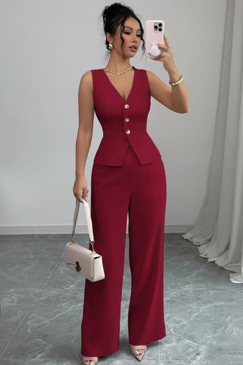 Two-Piece Set Women's Tailored Jumpsuit with Button Detail - Image 2