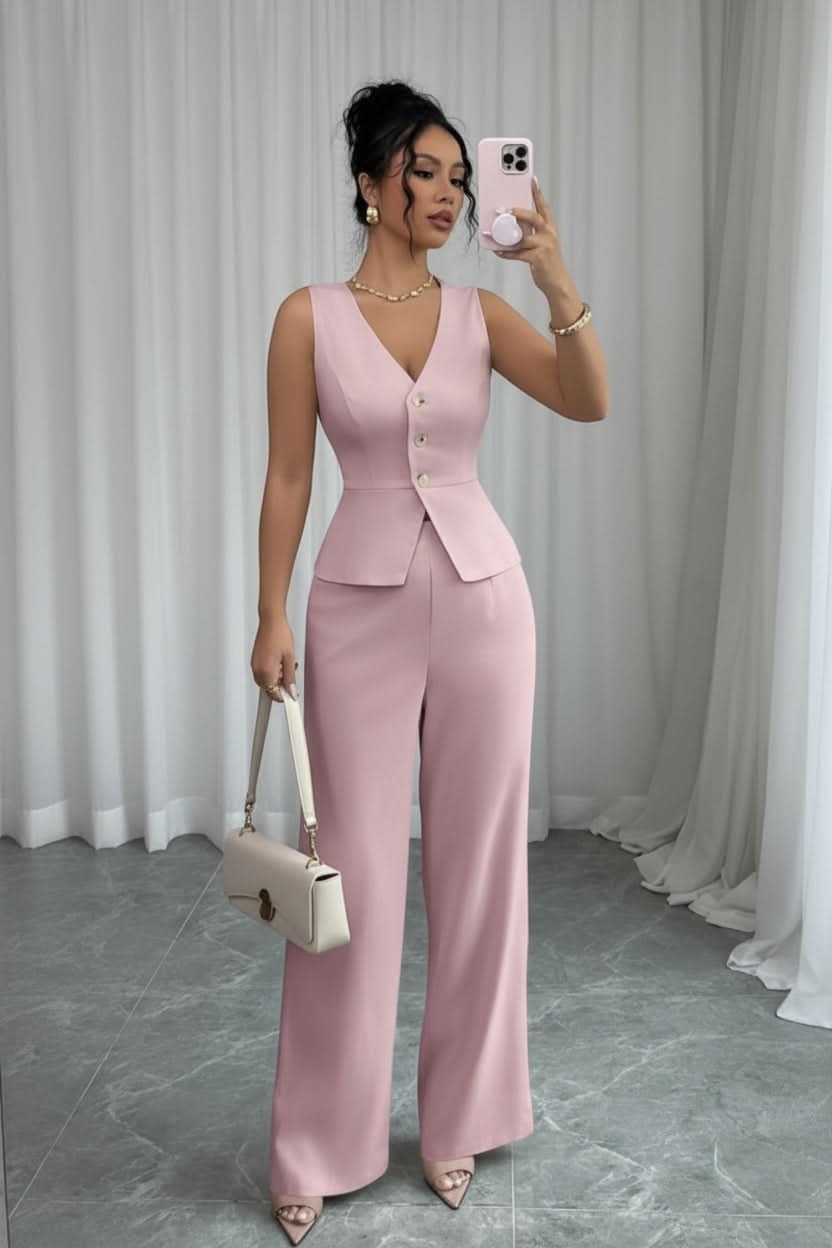 Two-Piece Set Women's Tailored Jumpsuit with Button Detail - Image 3