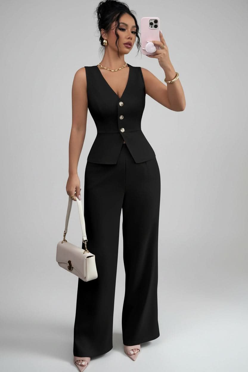 Two-Piece Set Women's Tailored Jumpsuit with Button Detail - Image 4