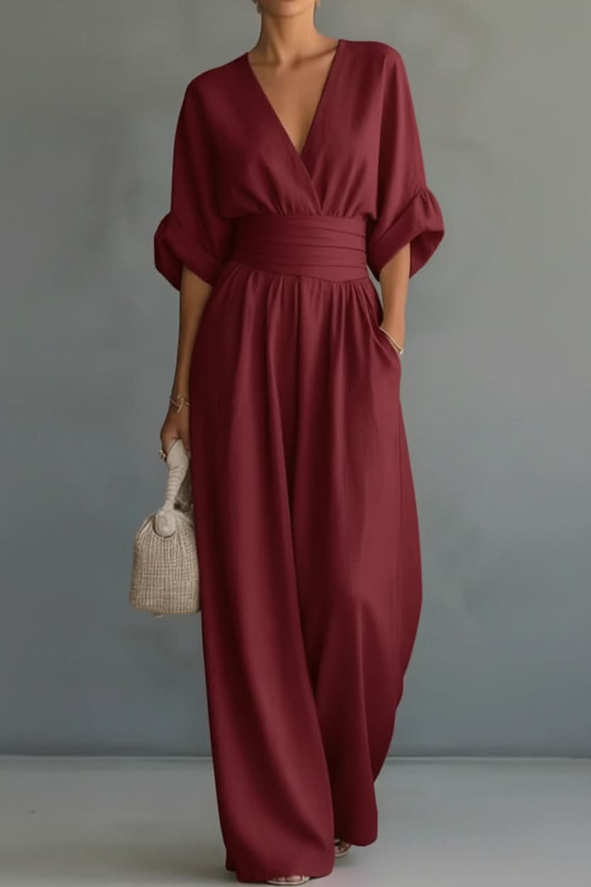 Two-Piece Outfit Women's Elegant V-Neck Wide-Leg Jumpsuit - Image 6
