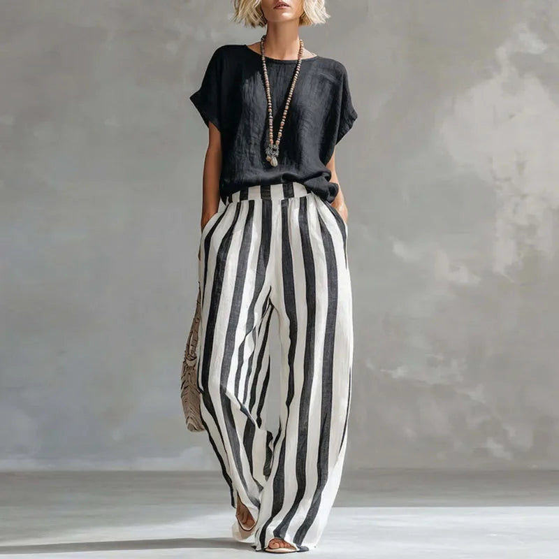 Top and Striped Trousers Set Women's Soft Linen-Look Fabric for Effortless Style - Image 2