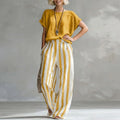 Top and Striped Trousers Set Women's Soft Linen-Look Fabric for Effortless Style - Image 1
