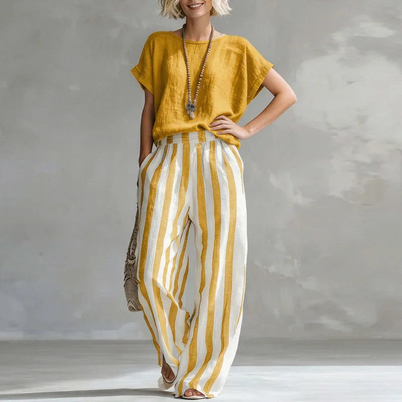 Top and Striped Trousers Set Women's Soft Linen-Look Fabric for Effortless Style - Image 1