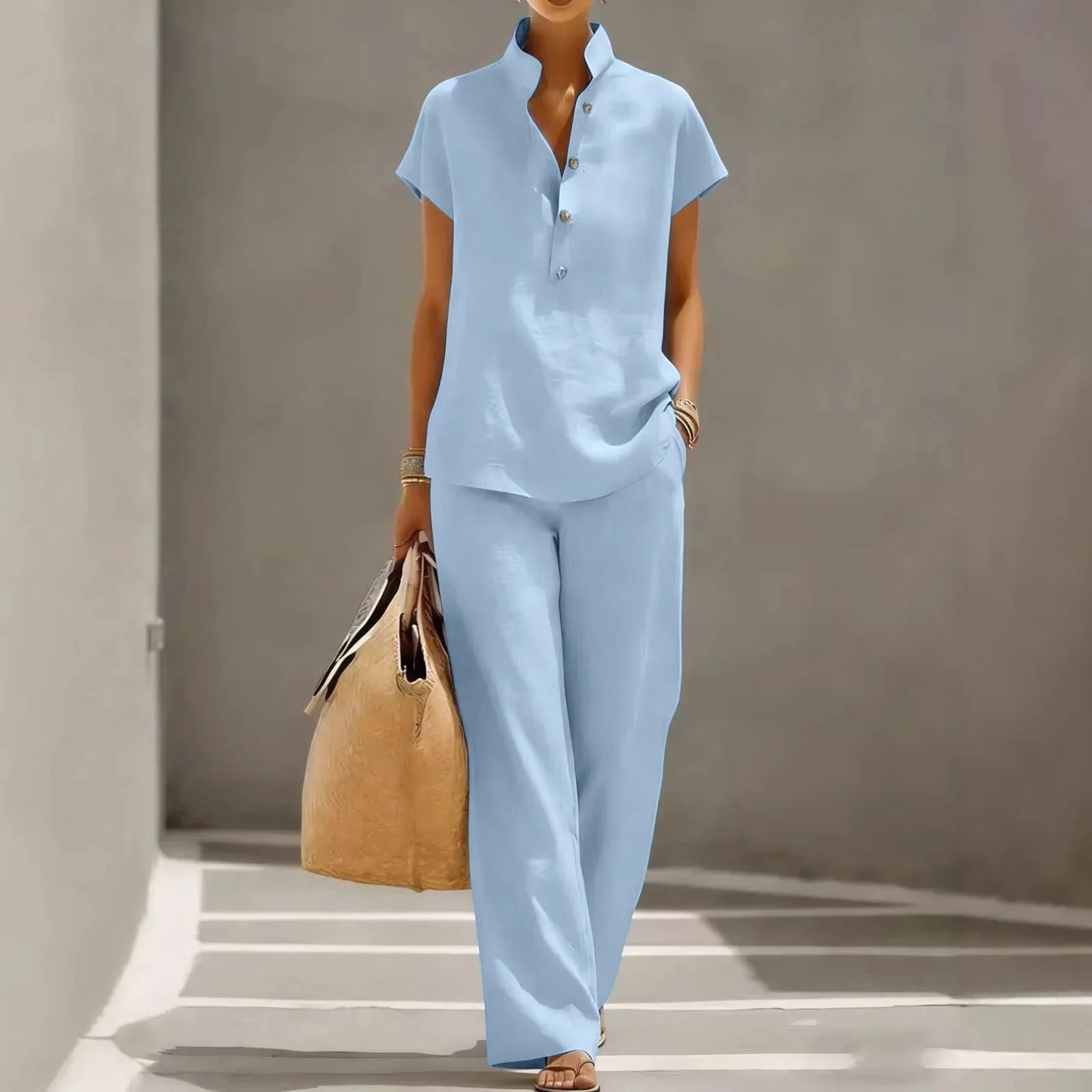 Shirt and Pants Set Women's Soft Look with Button Details - Image 1