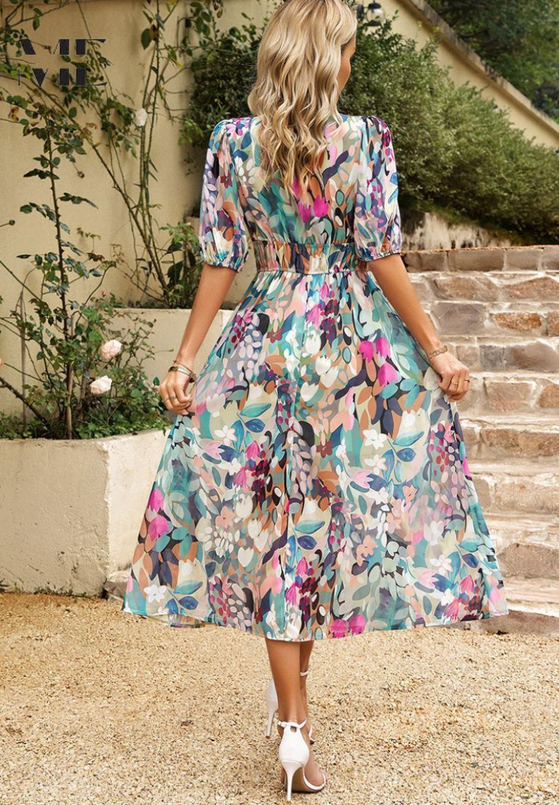 Gesine – V-neck Printed Short-sleeved  Dress - Image 2