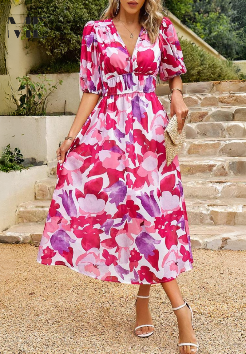 Clara –  V-neck Printed Short-sleeved Dress - Image 13