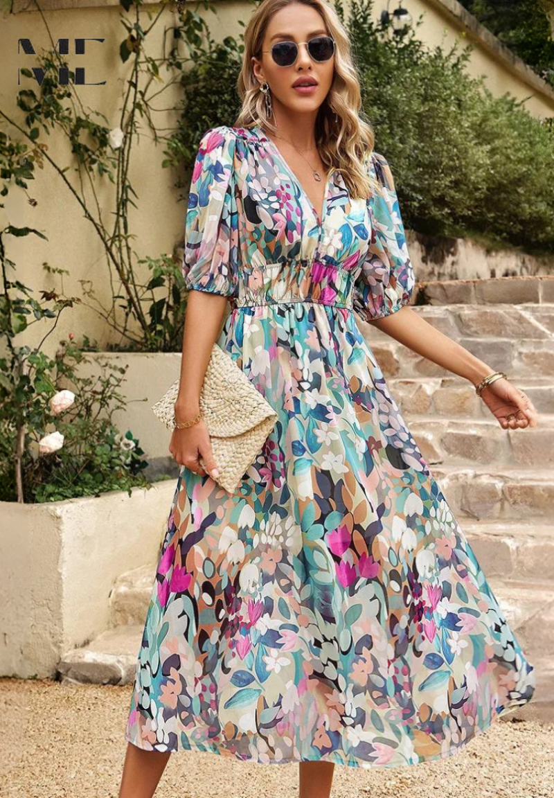 Clara –  V-neck Printed Short-sleeved Dress - Image 4