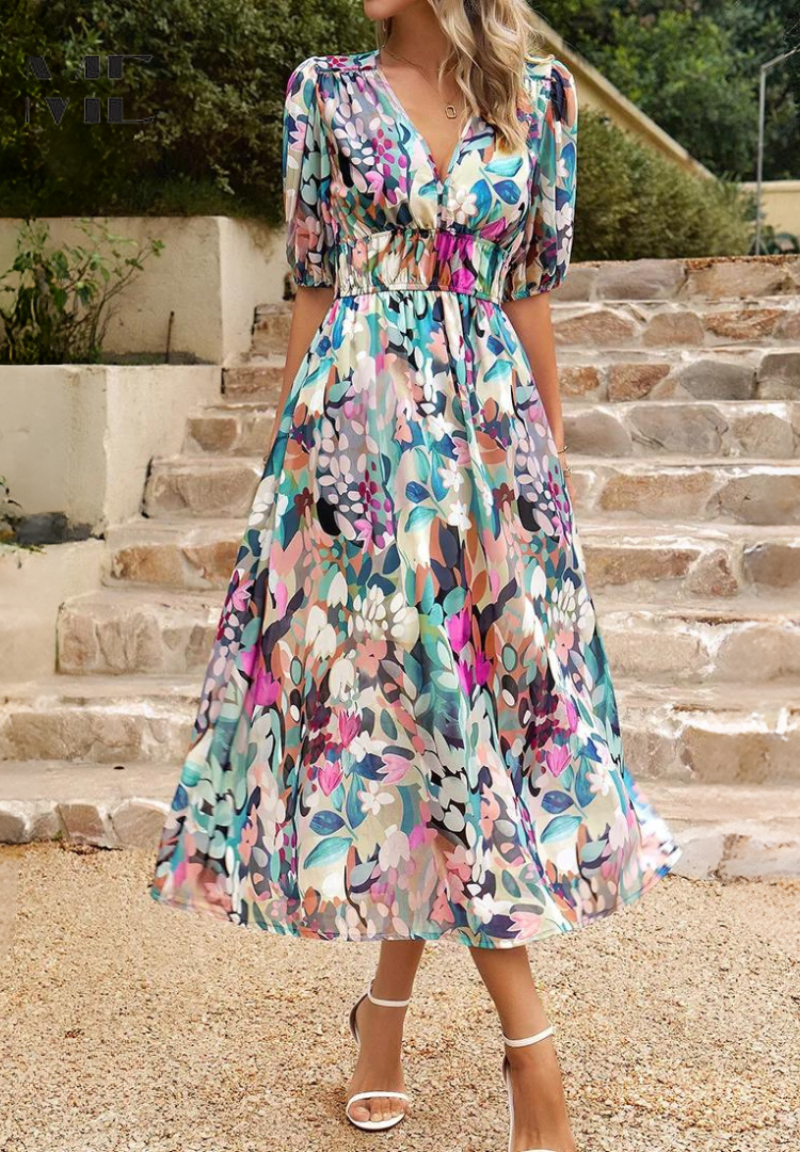 Clara –  V-neck Printed Short-sleeved Dress - Image 3