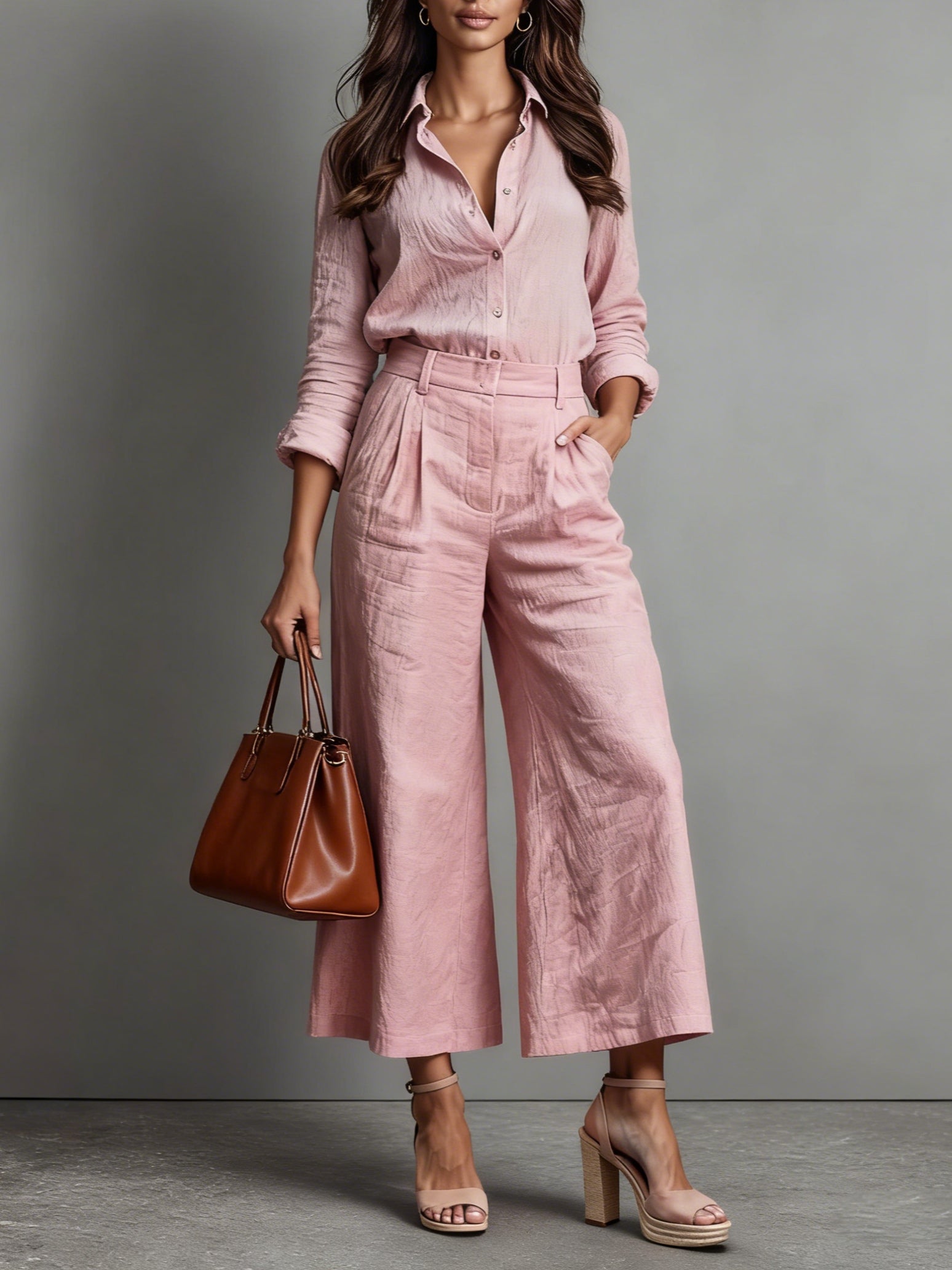 Two-Piece Set Women - Button-Up Top & Wide-Leg Pants  - Image 1
