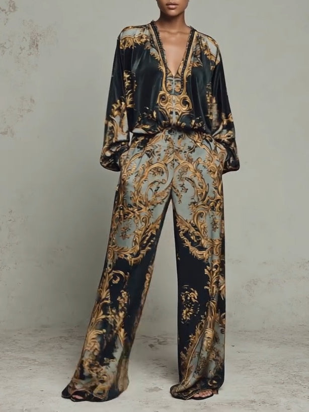 Two-Piece Set Women's Fluid Long-Sleeve Top & Wide-Leg Pants with Elegant Print - Image 2