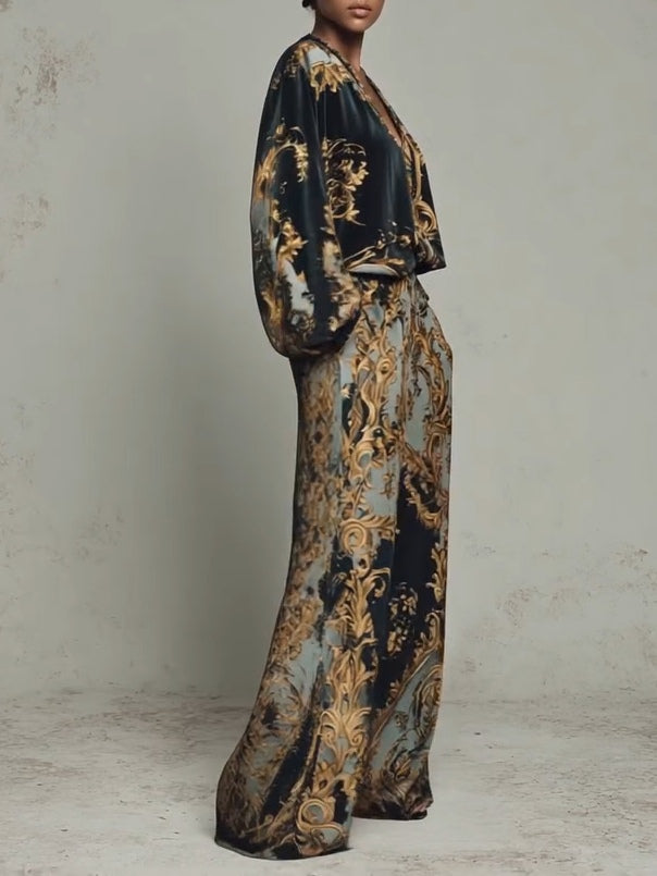 Two-Piece Set Women's Fluid Long-Sleeve Top & Wide-Leg Pants with Elegant Print - Image 3