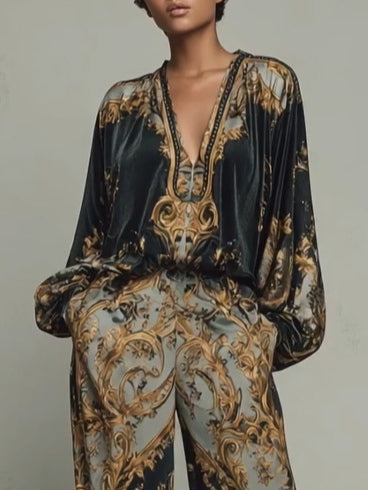 Two-Piece Set Women's Fluid Long-Sleeve Top & Wide-Leg Pants with Elegant Print - Image 4
