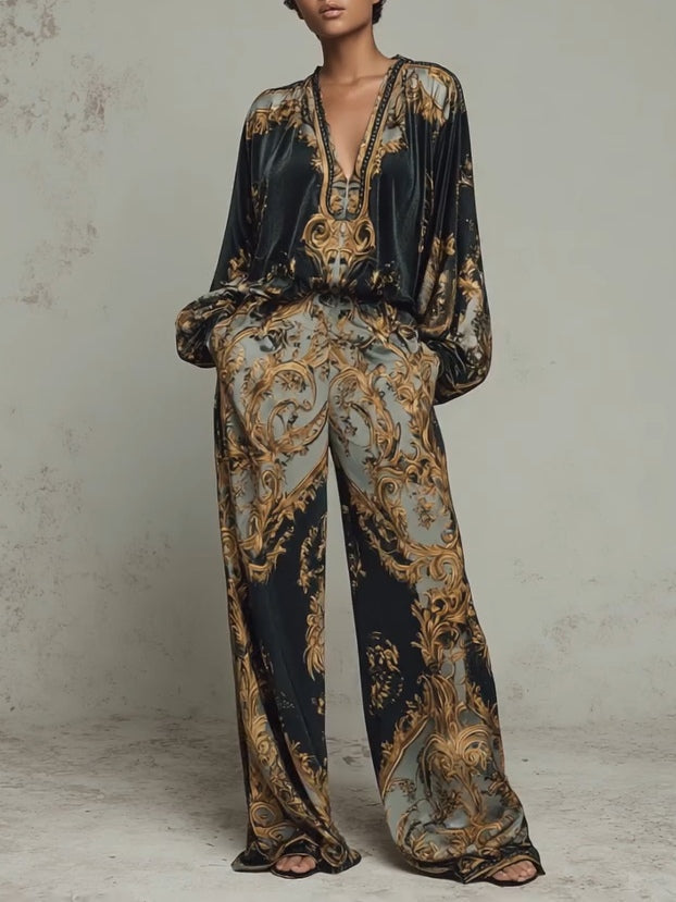Two-Piece Set Women's Fluid Long-Sleeve Top & Wide-Leg Pants with Elegant Print - Image 1