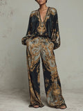 Two-Piece Set Women's Fluid Long-Sleeve Top & Wide-Leg Pants with Elegant Print - Image 1