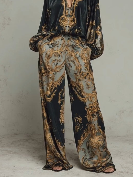 Two-Piece Set Women's Fluid Long-Sleeve Top & Wide-Leg Pants with Elegant Print - Image 5
