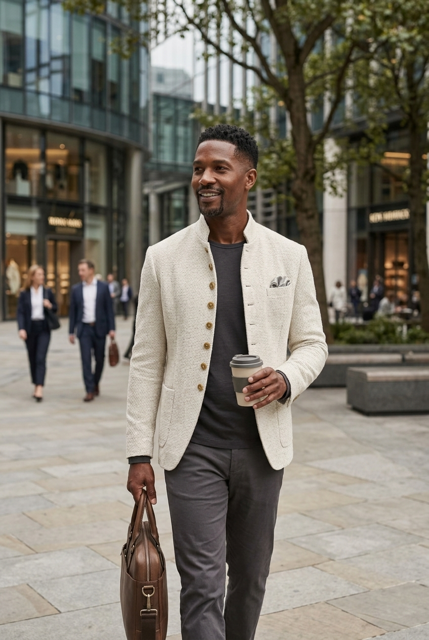 Custom-made men's jacket with a stand-up collar and elegant button details - J&B; - 2 - Elvaroza.com