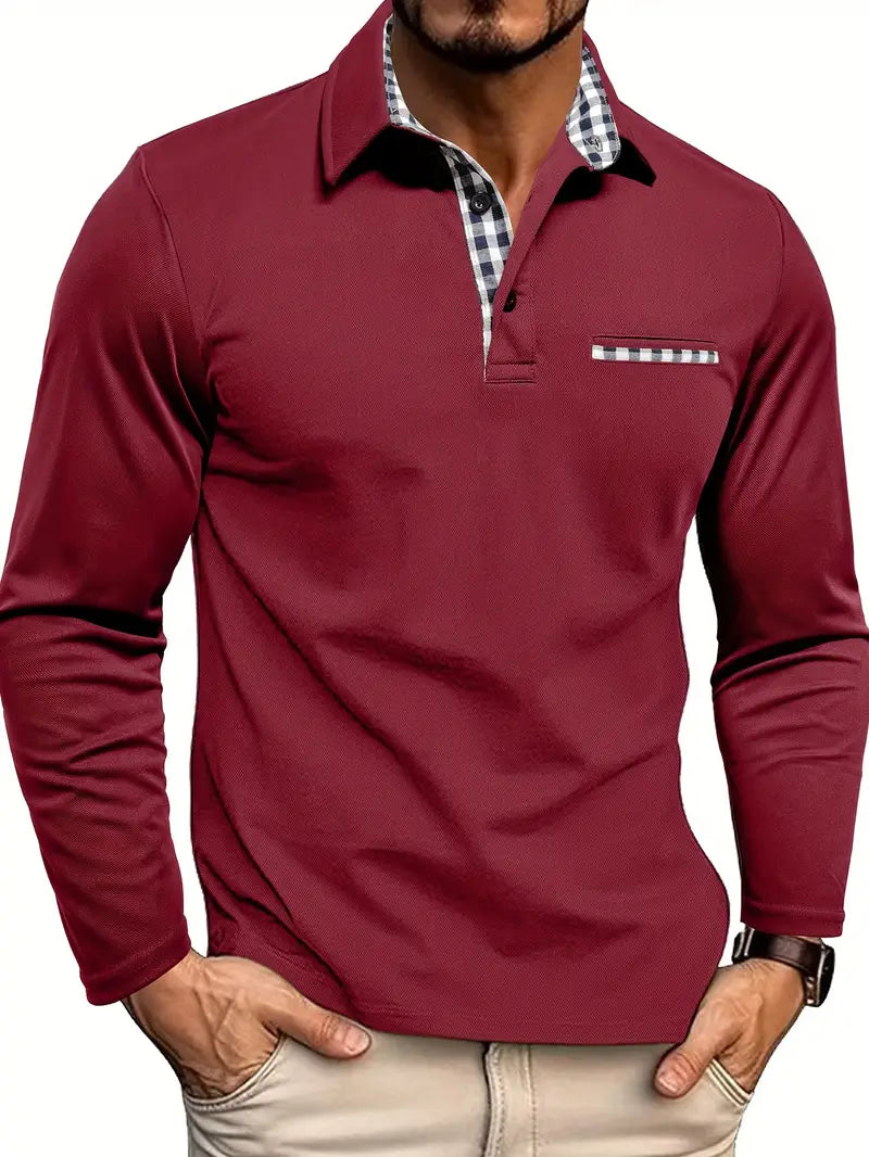 Men's Long-Sleeved Polo Shirt with Checkered Collar and Pocket - J&B; - 2 - Elvaroza.com