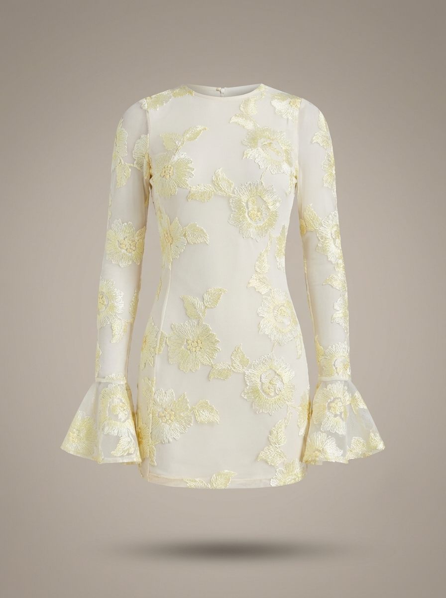 Mini Dress Women's Bell Sleeve Floral Embroidery - Image 6