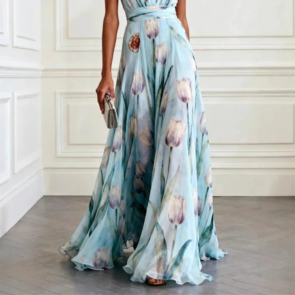 Maxi Dress Women's Floral Print Deep V-Neck Flowy Skirt - Image 2