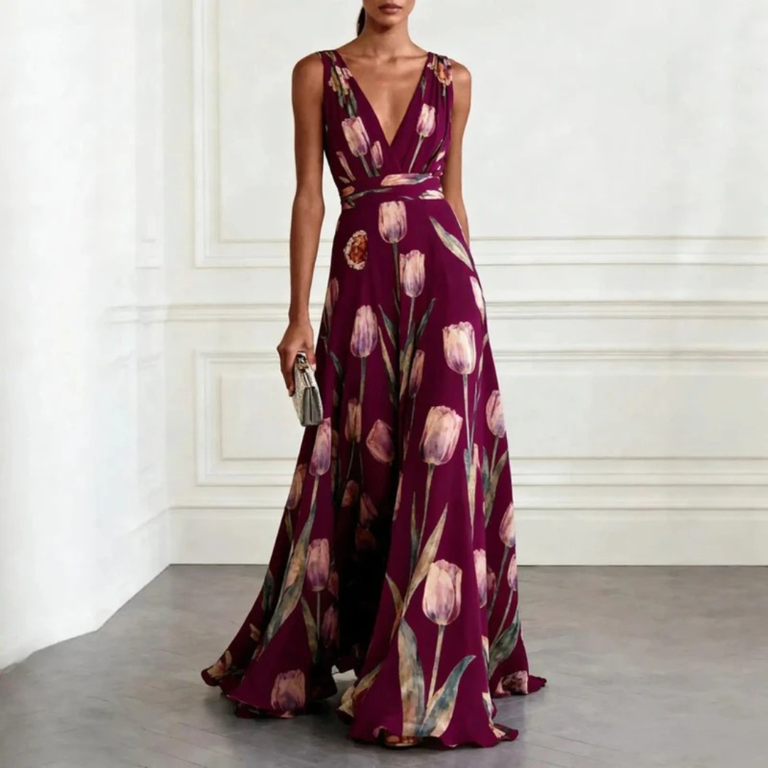 Maxi Dress Women's Floral Print Deep V-Neck Flowy Skirt - Image 4