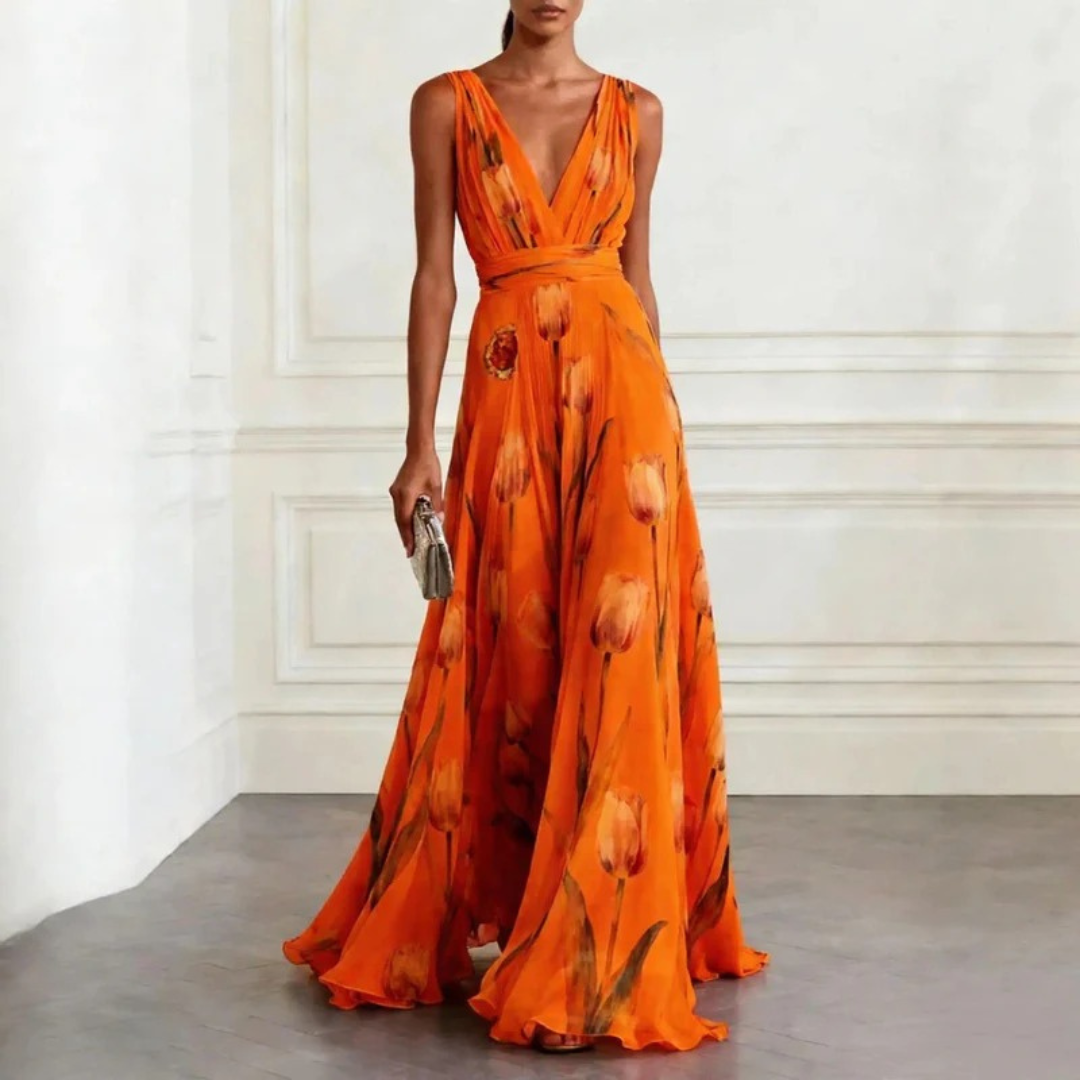 Maxi Dress Women's Floral Print Deep V-Neck Flowy Skirt - Image 5