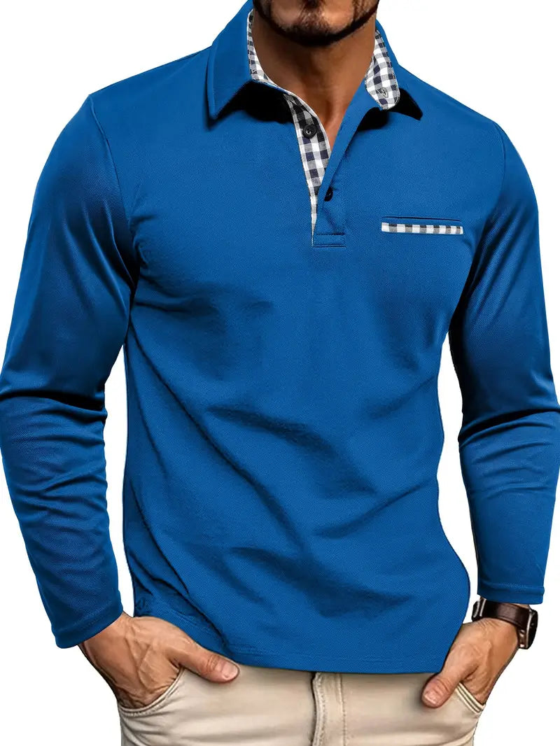 Men's Long-Sleeved Polo Shirt with Checkered Collar and Pocket - J&B; - 5 - Elvaroza.com