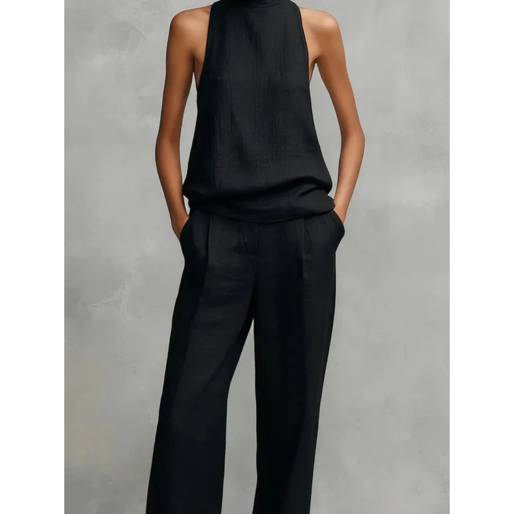 Two-Piece Set Women Elegant Halter Neck Top & Wide-Leg Pants - Image 2